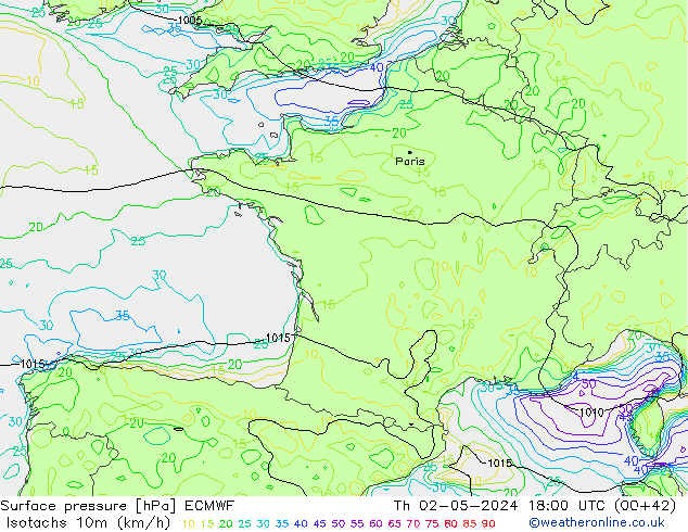 Isotachs (kph) ECMWF Čt 02.05.2024 18 UTC