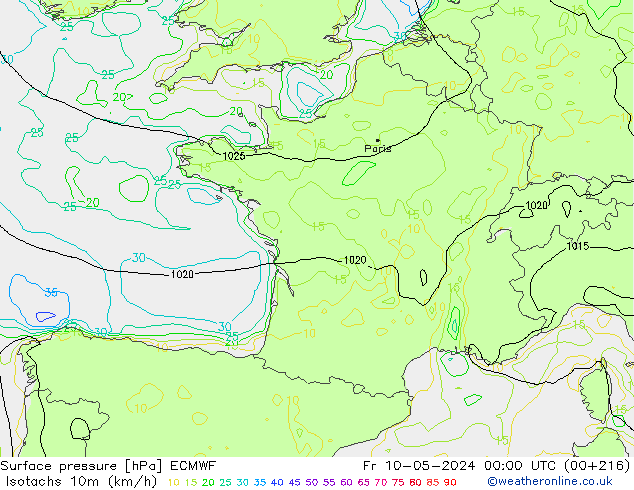 Eşrüzgar Hızları (km/sa) ECMWF Cu 10.05.2024 00 UTC