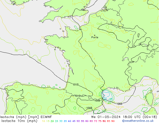 Isotachs (mph) ECMWF We 01.05.2024 18 UTC