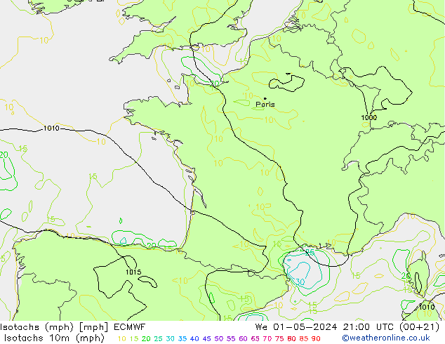 Isotachen (mph) ECMWF Mi 01.05.2024 21 UTC