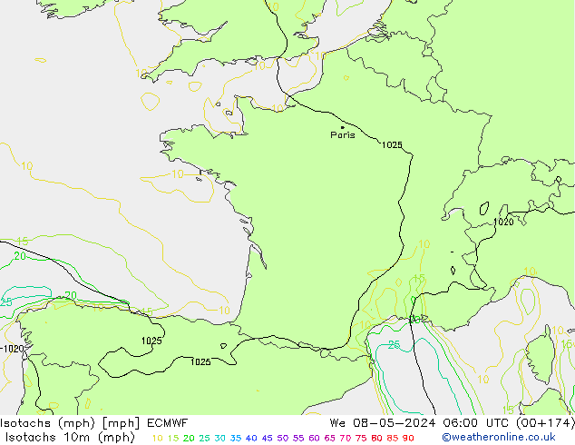 Isotachs (mph) ECMWF mer 08.05.2024 06 UTC