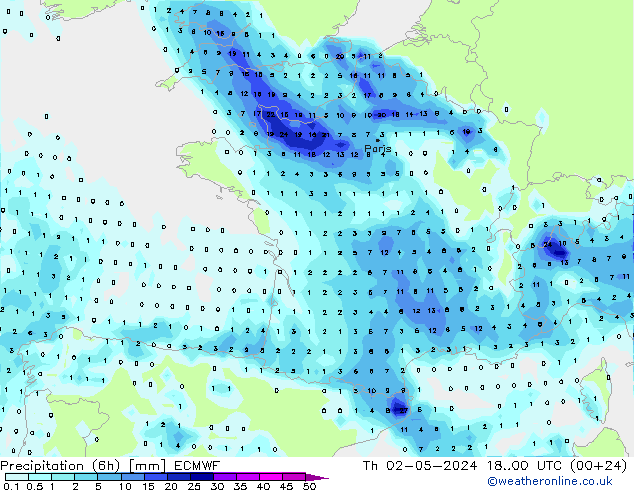 Precipitation (6h) ECMWF Čt 02.05.2024 00 UTC