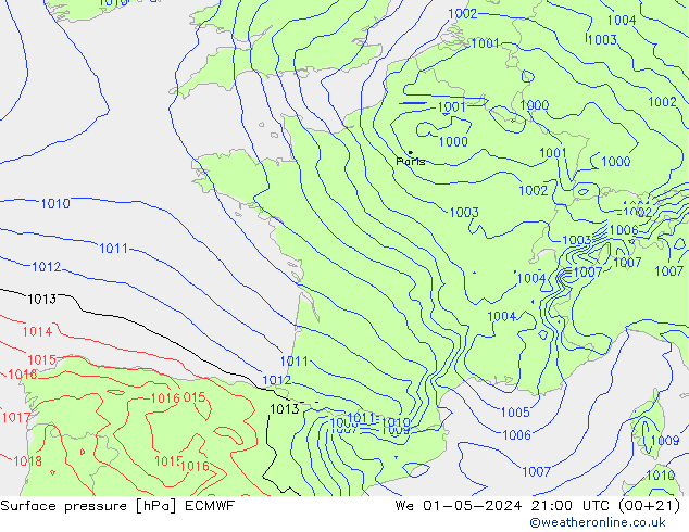 Presión superficial ECMWF mié 01.05.2024 21 UTC