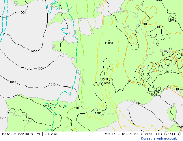 Theta-e 850hPa ECMWF Mi 01.05.2024 03 UTC