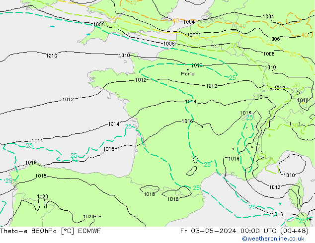 Theta-e 850hPa ECMWF Fr 03.05.2024 00 UTC