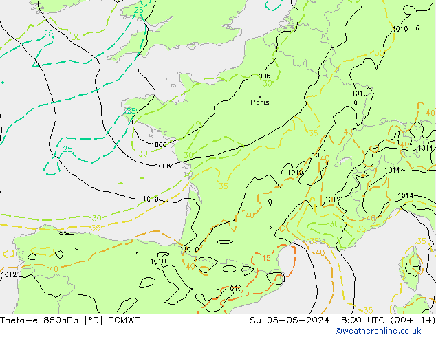 Theta-e 850hPa ECMWF Ne 05.05.2024 18 UTC