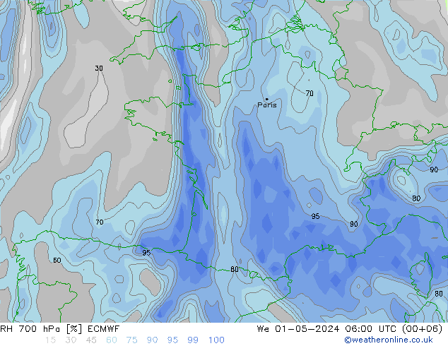 RH 700 гПа ECMWF ср 01.05.2024 06 UTC