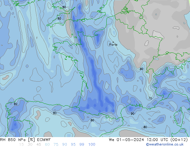 RH 850 hPa ECMWF Mi 01.05.2024 12 UTC