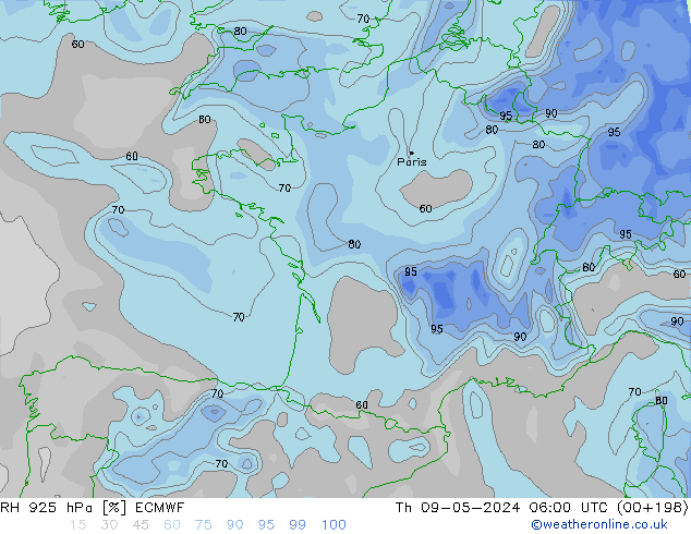 Humidité rel. 925 hPa ECMWF jeu 09.05.2024 06 UTC