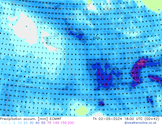 Precipitation accum. ECMWF Th 02.05.2024 18 UTC