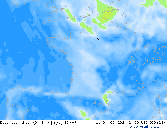 Deep layer shear (0-1km) ECMWF Mi 01.05.2024 21 UTC