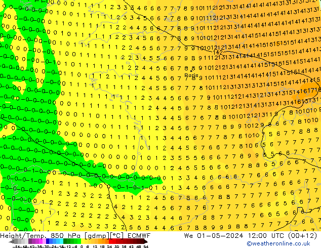 Z500/Yağmur (+YB)/Z850 ECMWF Çar 01.05.2024 12 UTC