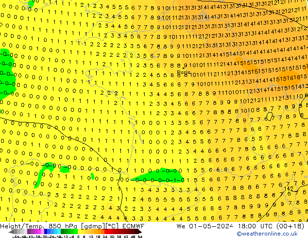 Z500/Yağmur (+YB)/Z850 ECMWF Çar 01.05.2024 18 UTC