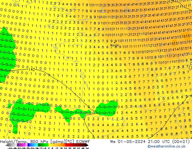 Height/Temp. 850 hPa ECMWF Mi 01.05.2024 21 UTC