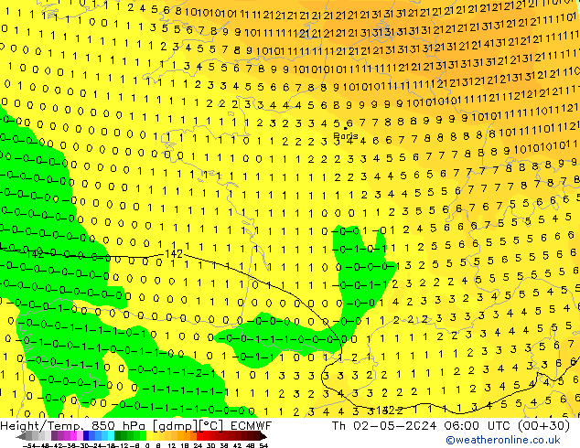 Géop./Temp. 850 hPa ECMWF jeu 02.05.2024 06 UTC