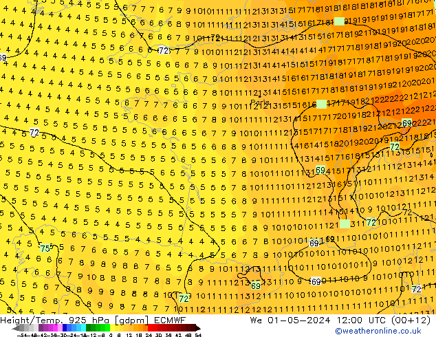 Height/Temp. 925 hPa ECMWF śro. 01.05.2024 12 UTC