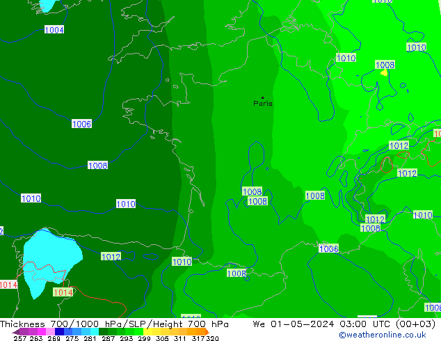 Thck 700-1000 hPa ECMWF Qua 01.05.2024 03 UTC