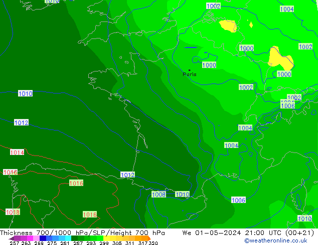 Thck 700-1000 hPa ECMWF We 01.05.2024 21 UTC