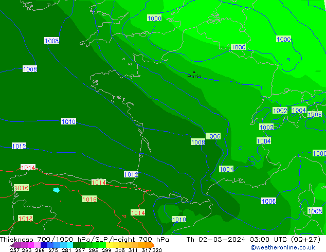 Thck 700-1000 hPa ECMWF Qui 02.05.2024 03 UTC