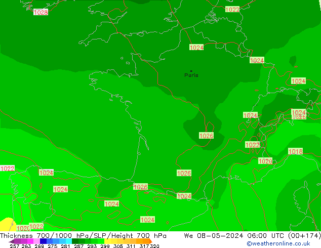 Thck 700-1000 hPa ECMWF Qua 08.05.2024 06 UTC