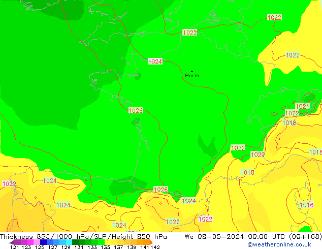 Thck 850-1000 hPa ECMWF Qua 08.05.2024 00 UTC