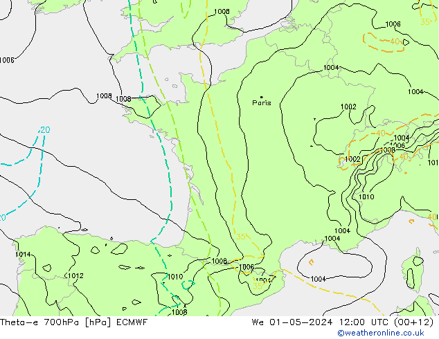 Theta-e 700hPa ECMWF St 01.05.2024 12 UTC