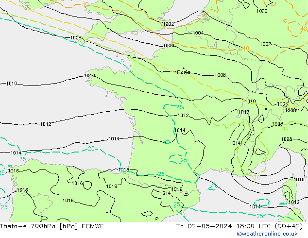 Theta-e 700hPa ECMWF jeu 02.05.2024 18 UTC