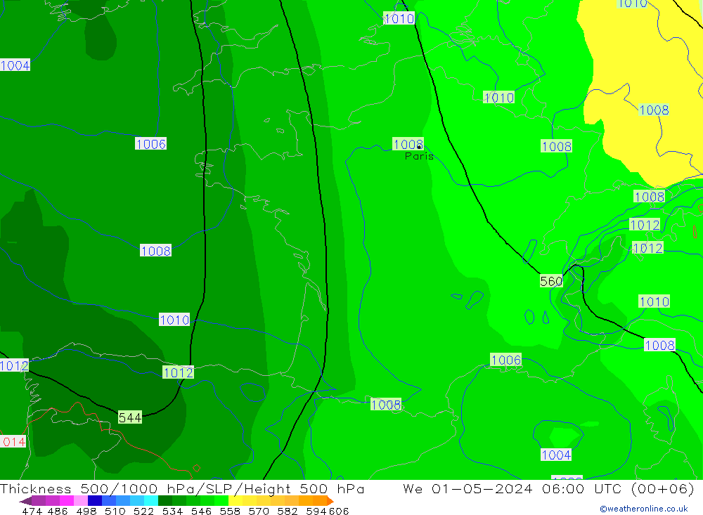 Schichtdicke 500-1000 hPa ECMWF Mi 01.05.2024 06 UTC