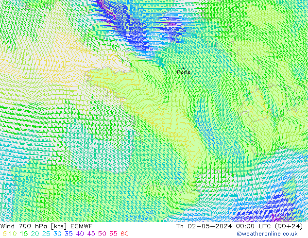 Wind 700 hPa ECMWF Do 02.05.2024 00 UTC