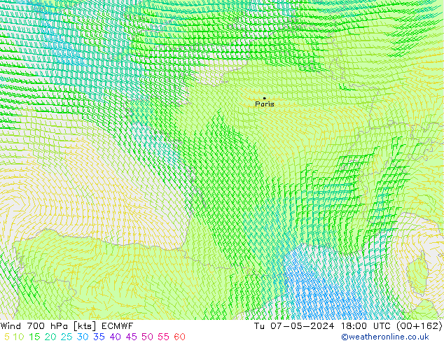 Wind 700 hPa ECMWF Út 07.05.2024 18 UTC