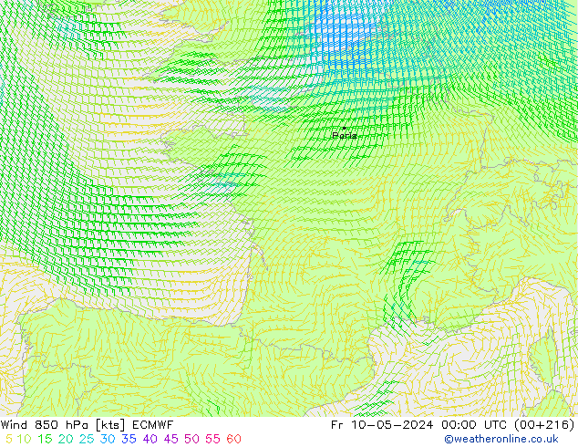 Rüzgar 850 hPa ECMWF Cu 10.05.2024 00 UTC