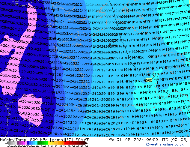 Z500/Rain (+SLP)/Z850 ECMWF Qua 01.05.2024 06 UTC