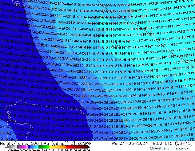 Z500/Yağmur (+YB)/Z850 ECMWF Çar 01.05.2024 18 UTC