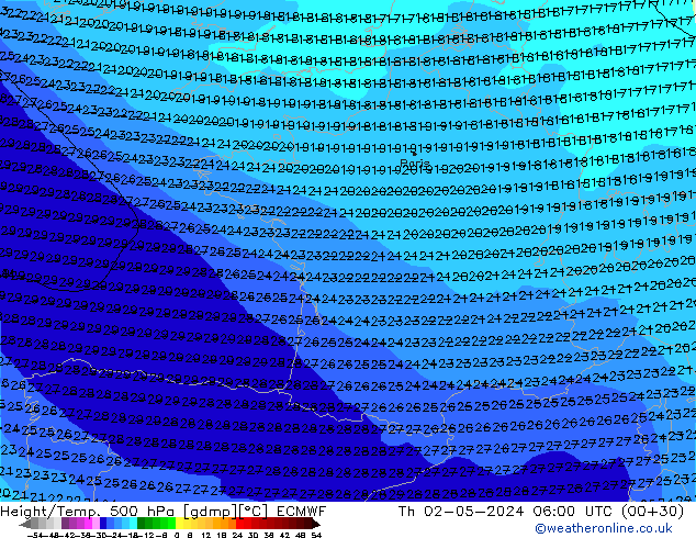 Z500/Rain (+SLP)/Z850 ECMWF Th 02.05.2024 06 UTC