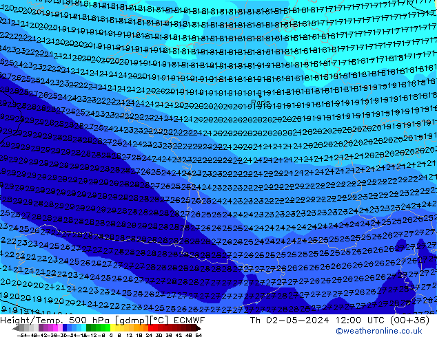 Height/Temp. 500 hPa ECMWF Čt 02.05.2024 12 UTC