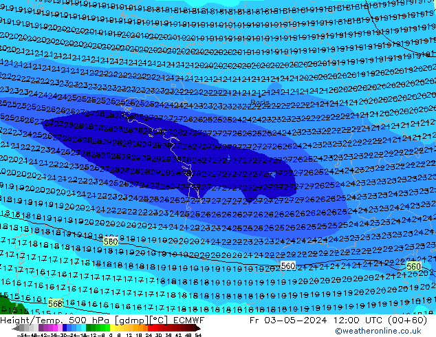 Height/Temp. 500 hPa ECMWF Fr 03.05.2024 12 UTC