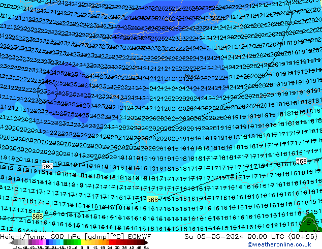 Z500/Regen(+SLP)/Z850 ECMWF zo 05.05.2024 00 UTC