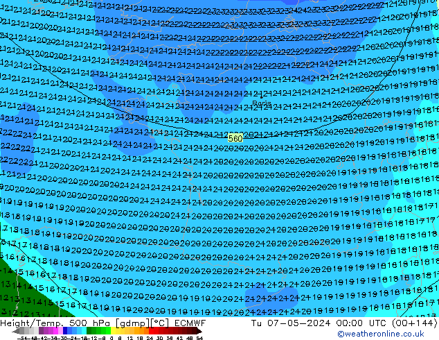 Height/Temp. 500 hPa ECMWF wto. 07.05.2024 00 UTC