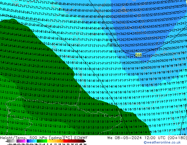Z500/Rain (+SLP)/Z850 ECMWF mer 08.05.2024 12 UTC