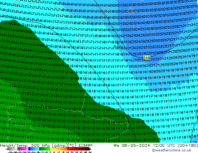 Z500/Rain (+SLP)/Z850 ECMWF śro. 08.05.2024 12 UTC