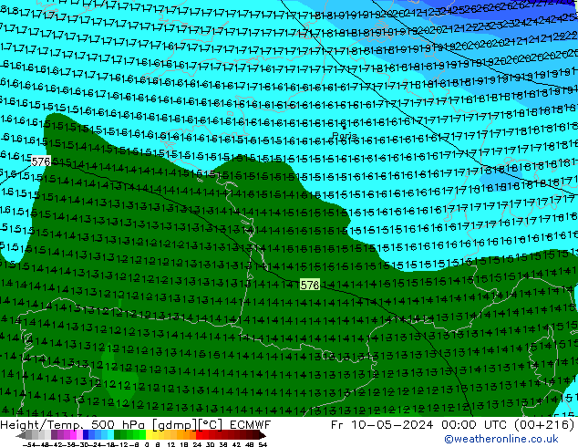 Yükseklik/Sıc. 500 hPa ECMWF Cu 10.05.2024 00 UTC