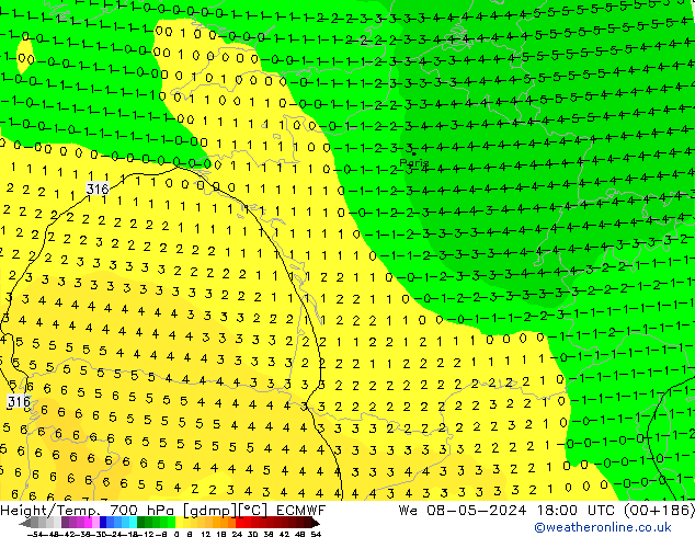 Geop./Temp. 700 hPa ECMWF mié 08.05.2024 18 UTC