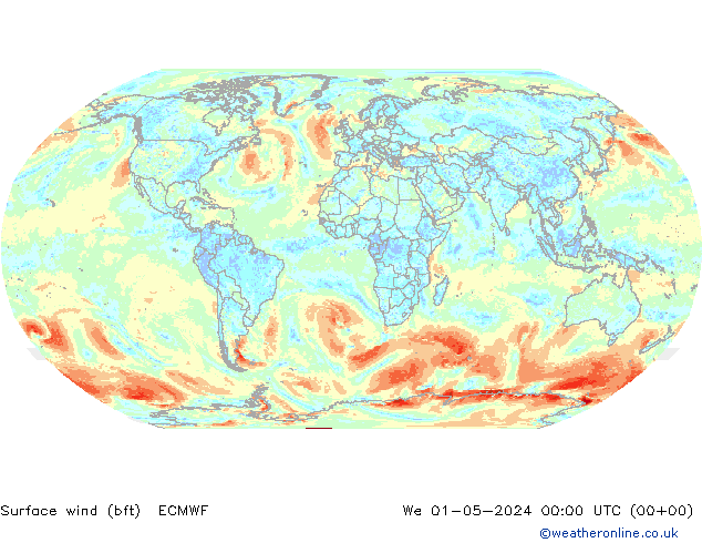 Vent 10 m (bft) ECMWF mer 01.05.2024 00 UTC