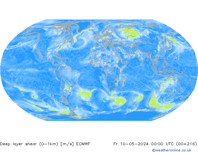 Deep layer shear (0-1km) ECMWF Cu 10.05.2024 00 UTC