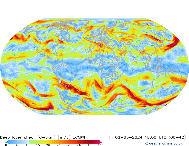 Deep layer shear (0-6km) ECMWF Th 02.05.2024 18 UTC