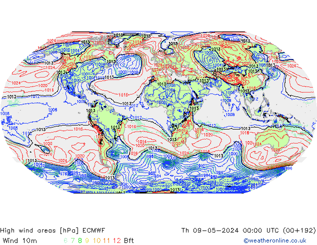 yüksek rüzgarlı alanlar ECMWF Per 09.05.2024 00 UTC