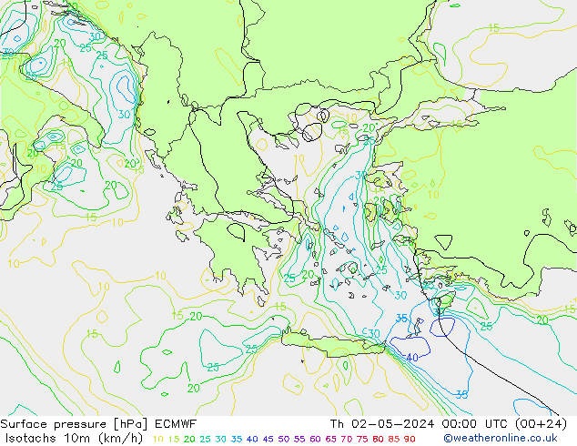 Isotachs (kph) ECMWF gio 02.05.2024 00 UTC