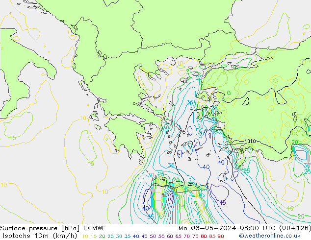 Isotachs (kph) ECMWF Po 06.05.2024 06 UTC