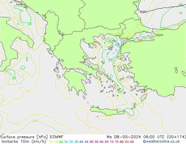 Eşrüzgar Hızları (km/sa) ECMWF Çar 08.05.2024 06 UTC