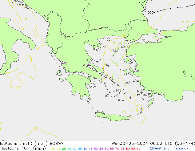 Eşrüzgar Hızları mph ECMWF Çar 08.05.2024 06 UTC